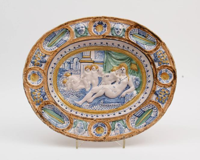 Moulded dish with figures emblematic of 'Fecundity'