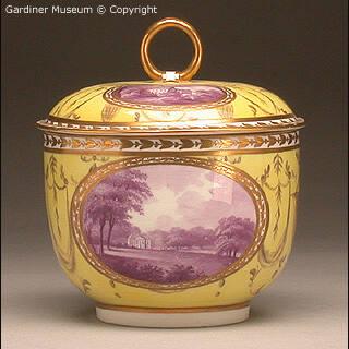 Sugar bowl with named views painted in puce camaieu
