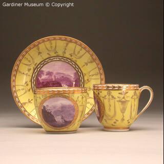 Teacup, coffee cup and saucer with named views