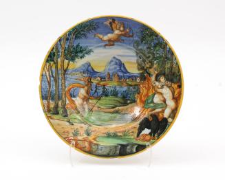 Broad-rimmed plate with Jupiter embracing a nymph