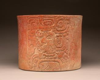 Carved Cylindrical Vessel with Diety from the Palenque Triad