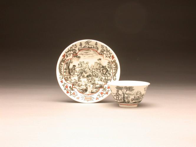 Teacup and saucer with hunting scene