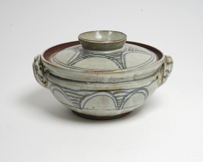 Casserole and cover with light grey glaze and blue decoration