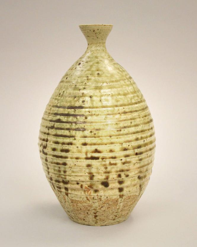 Green wood ash glazed vase and wood box