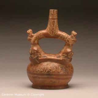 Stirrup-spout Figural Bottle with Boats and Felines