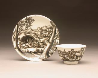 Tea bowl and saucer with hunting scenes