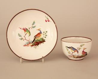 Tea bowl and saucer decorated with exotic birts as derived from Sèvres