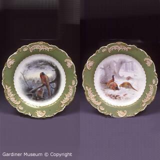 Pair of plates with pheasants painted by A.H. Wright