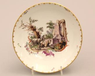 Saucer with sheep by a ruin