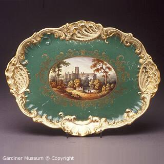 Card tray painted with a cathedral, possibly Durham