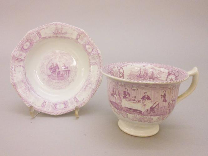 Teacup and saucer with View of Gentlemen's Cabin with ship in the interior (from the Boston Mails Series)