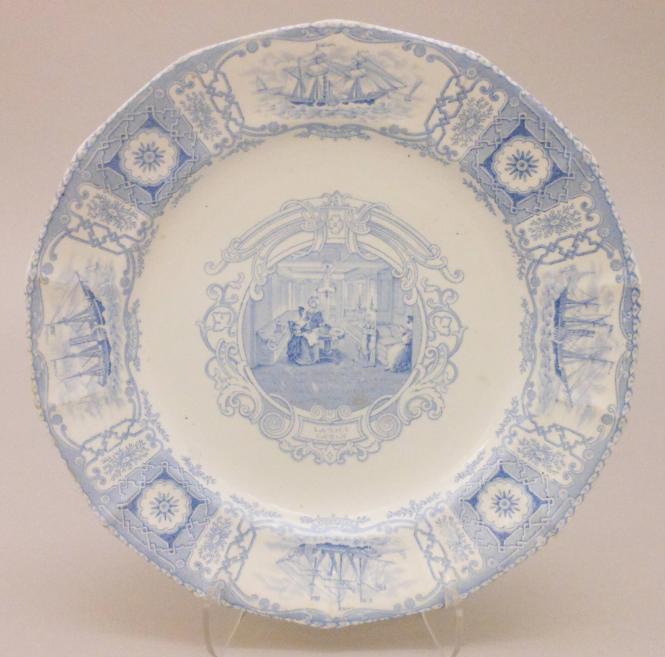 Plate with a view of the Ladies' Cabin, border with vignettes of steamships Acadia and Columbia (from the Boston Mails Series)